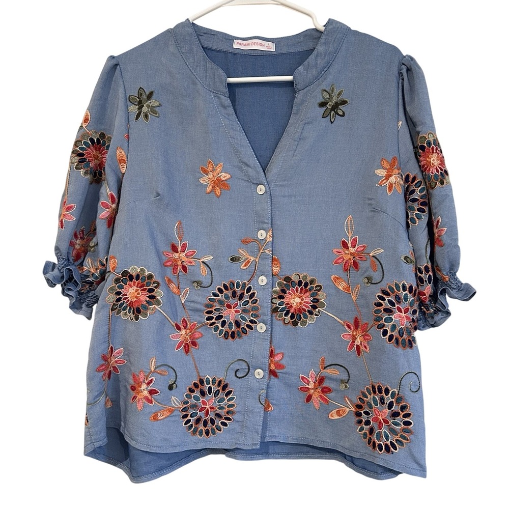 Parami Design Boho Floral Embroidered Top Sz L Blue Puff Sleeve Button Front